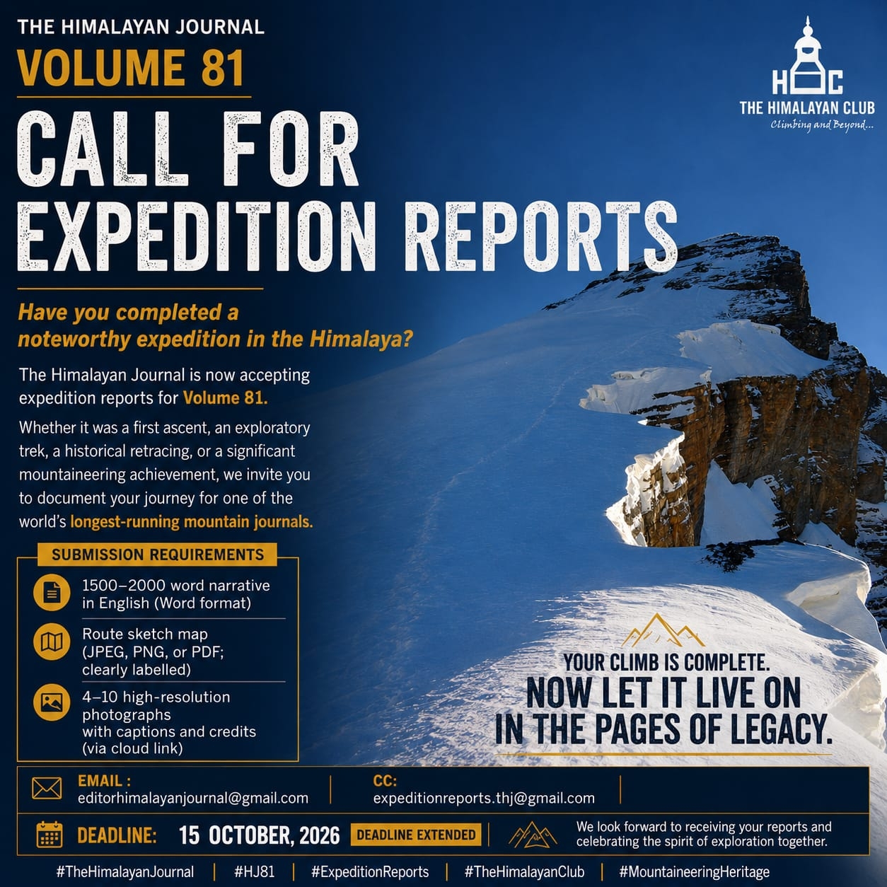 The Himalayan Journal – Volume 81. Call for Expedition Reports